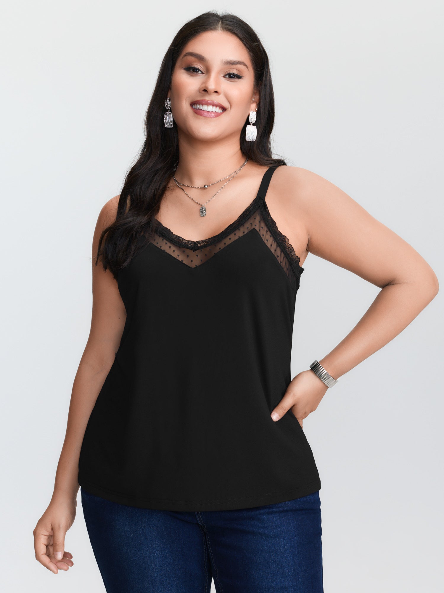 Lace Trim Cami - Camisola de malha preta, disponível em